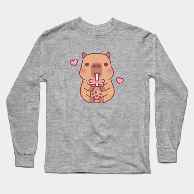 Cute Little Capybara Loves Bubble Tea Long Sleeve T-Shirt by rustydoodle